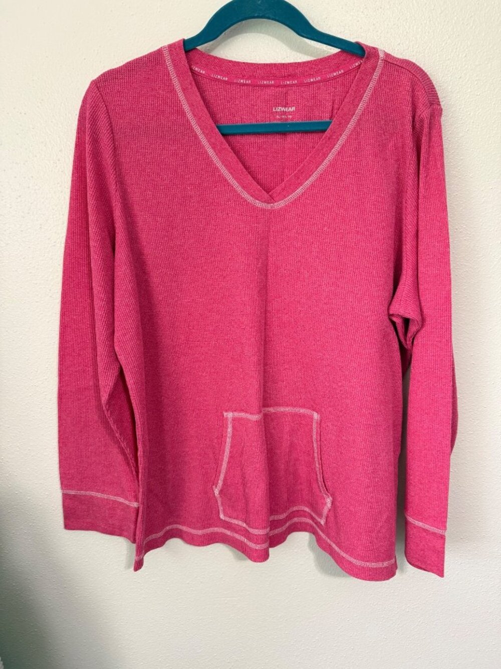 Liz Wear Knit Top Waffle Thermal Hot Pink V Neck Pocket Womans XL